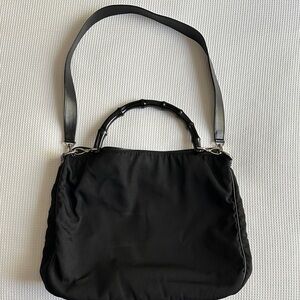 Gucci Black Nylon Bamboo Handle Bag w Detachable Leather Shoulder Strap